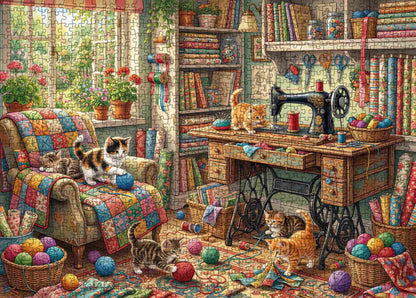 Cozy Sewing Room Kittens Craft Workshop Jigsaw Puzzle
