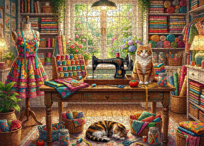 Cozy Sewing Studio Cats Jigsaw Puzzle