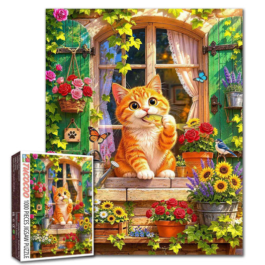 Curious Orange Cat Garden Window Jigsaw Puzzle