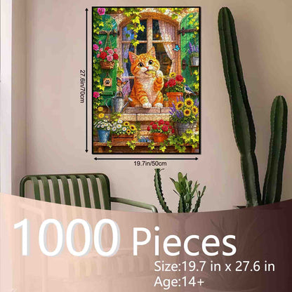 Curious Orange Cat Garden Window Jigsaw Puzzle