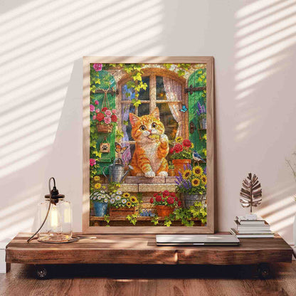 Curious Orange Cat Garden Window Jigsaw Puzzle