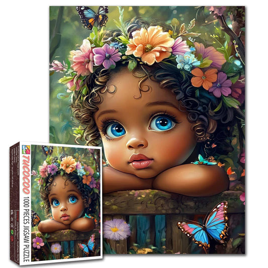 Curly Hair Girl Butterfly Garden Portrait Jigsaw Puzzle