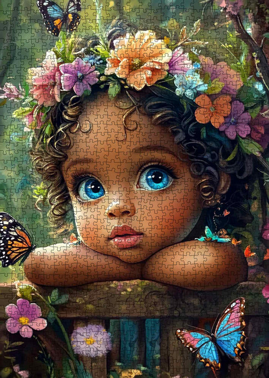 Curly Hair Girl Butterfly Garden Portrait Jigsaw Puzzle