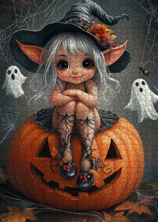 Cute Little Witch on Pumpkin Jigsaw Puzzle