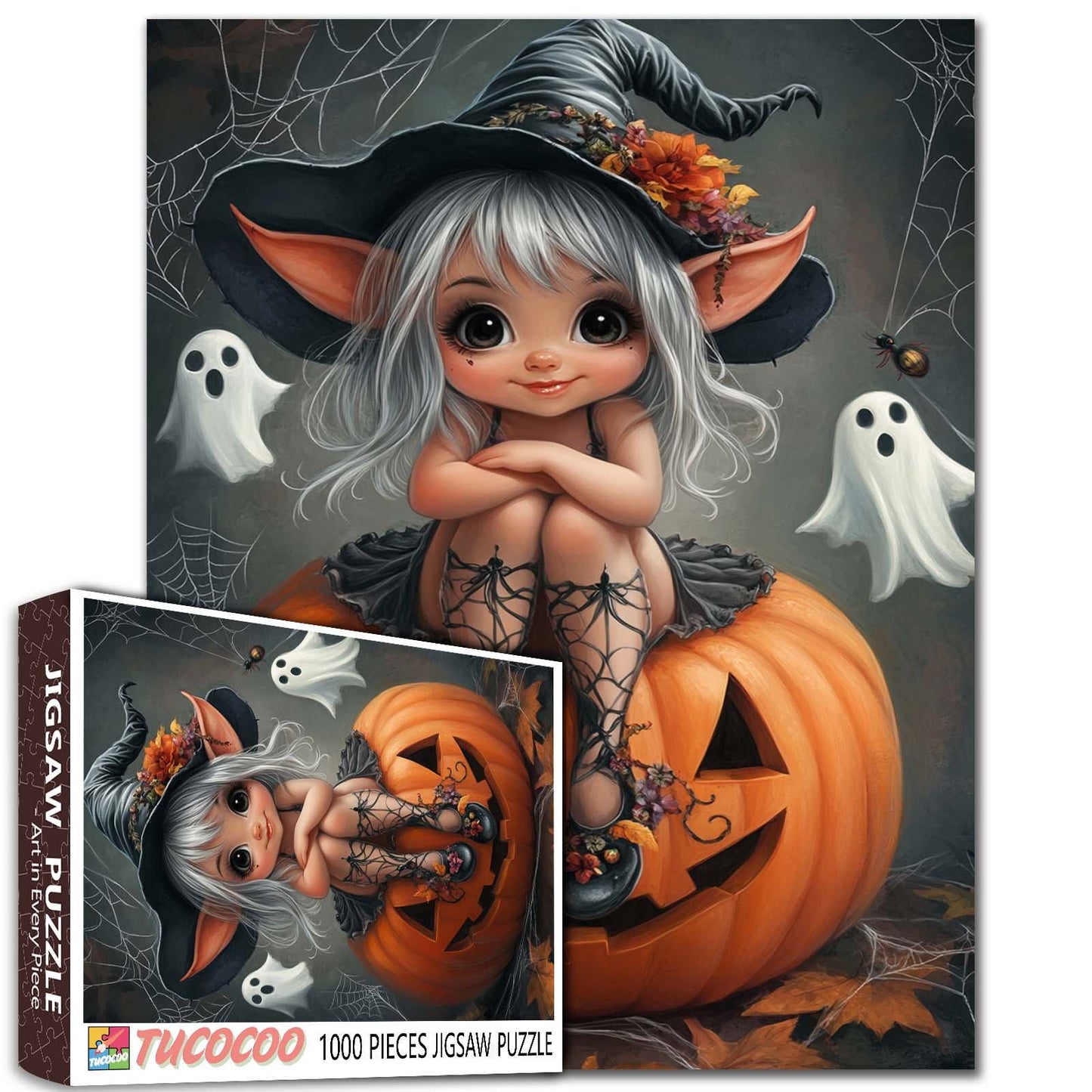 Cute Little Witch on Pumpkin Jigsaw Puzzle
