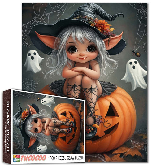 Cute Little Witch on Pumpkin Jigsaw Puzzle