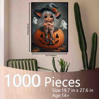 Cute Little Witch on Pumpkin Jigsaw Puzzle