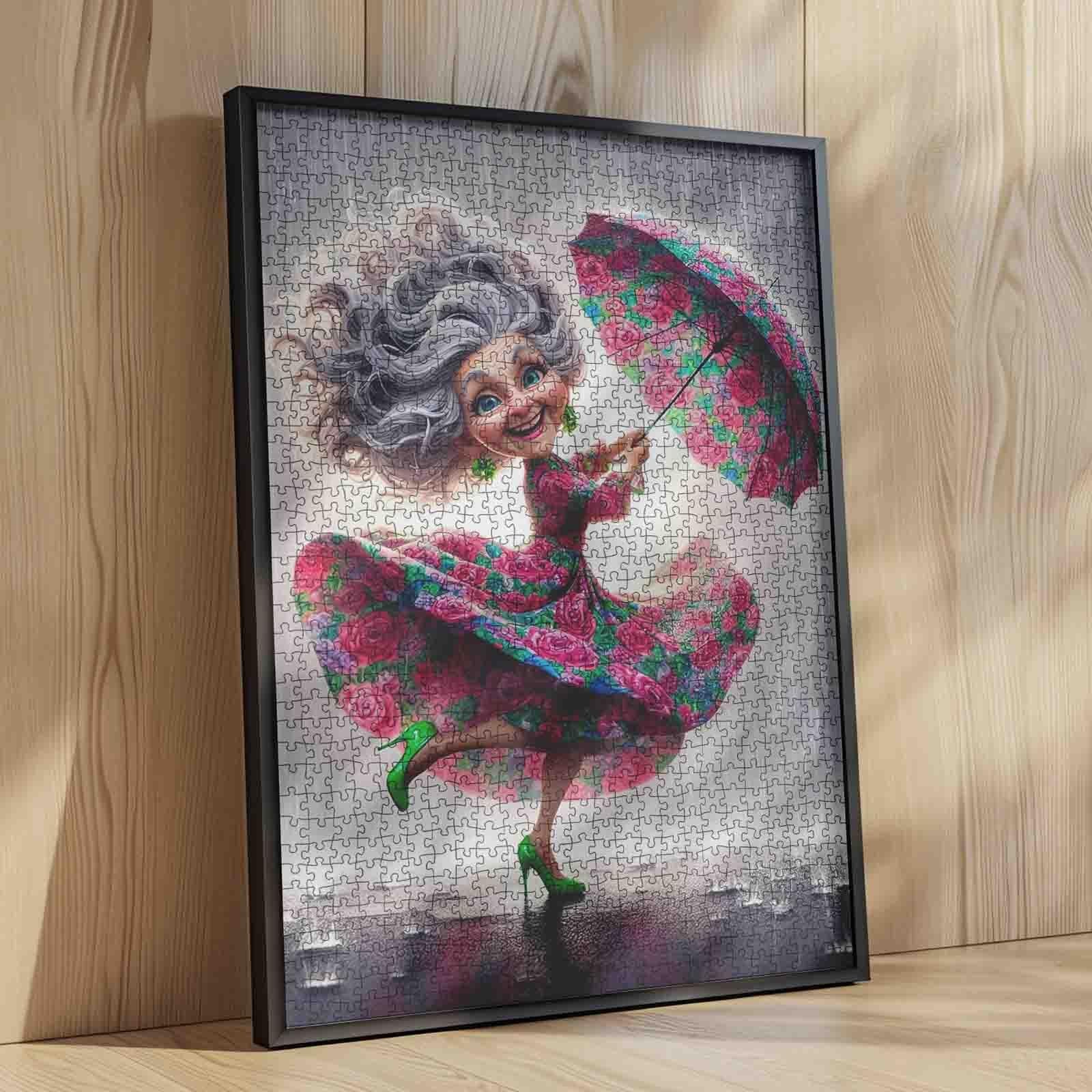 Dancing Grandma in Rain Jigsaw Puzzle