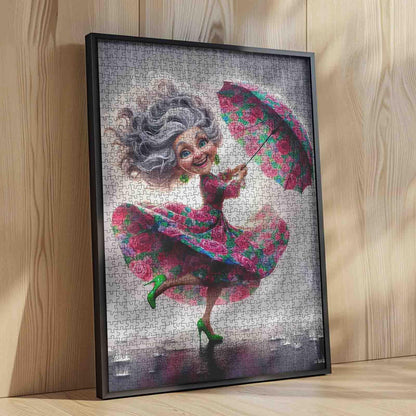 Dancing Grandma in Rain Jigsaw Puzzle
