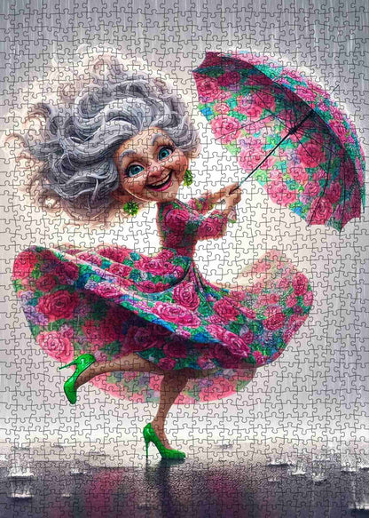 Dancing Grandma in Rain Jigsaw Puzzle