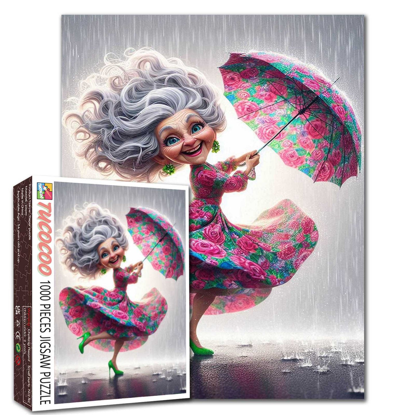 Dancing Grandma in Rain Jigsaw Puzzle
