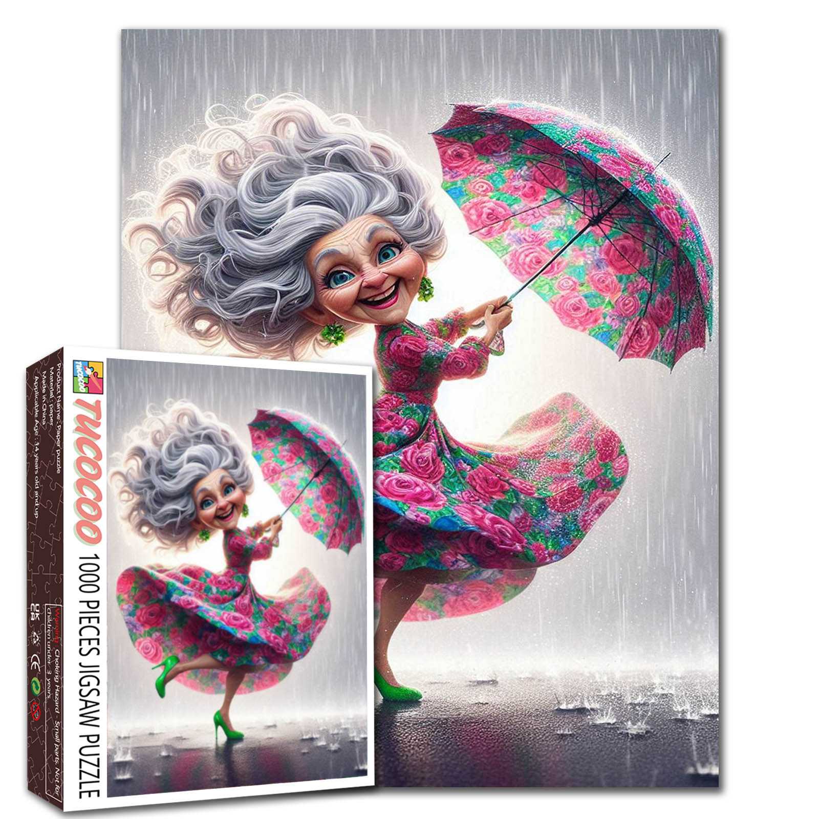 Dancing Grandma in Rain Jigsaw Puzzle