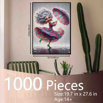 Dancing Grandma in Rain Jigsaw Puzzle