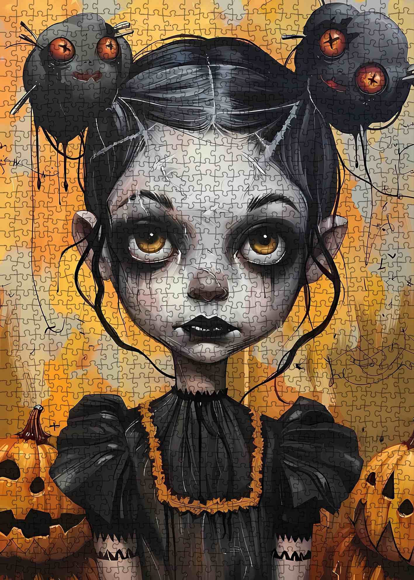 Dark-Eyed Halloween Doll in Spooky Glow Jigsaw Puzzle