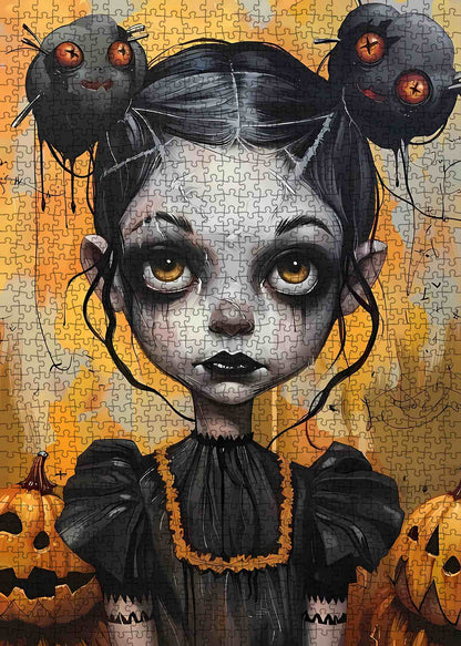 Dark-Eyed Halloween Doll in Spooky Glow Jigsaw Puzzle
