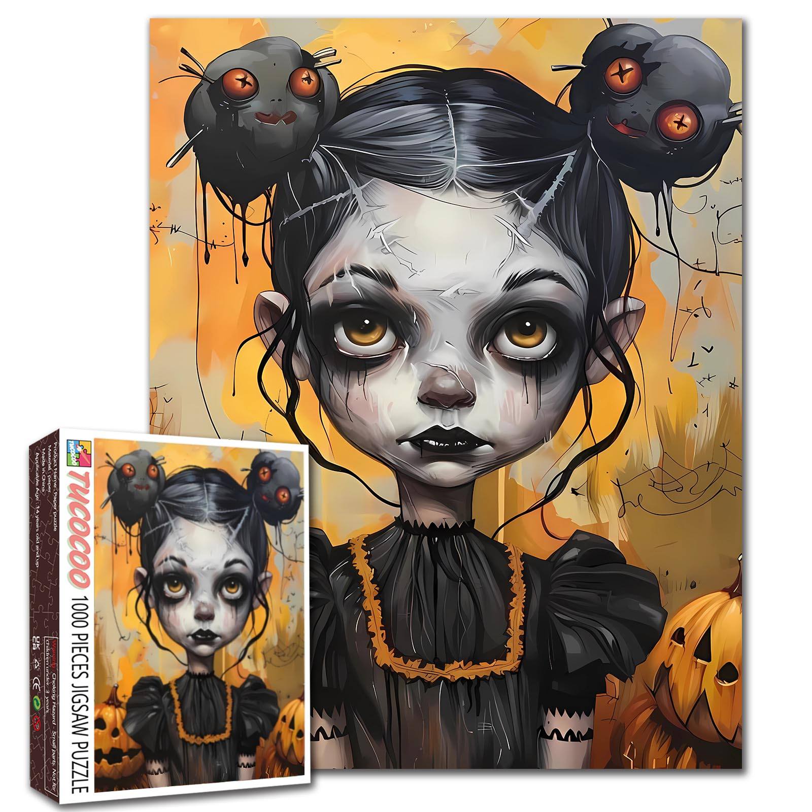 Dark-Eyed Halloween Doll in Spooky Glow Jigsaw Puzzle