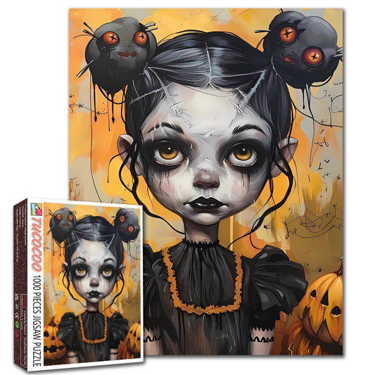 Dark-Eyed Halloween Doll in Spooky Glow Jigsaw Puzzle