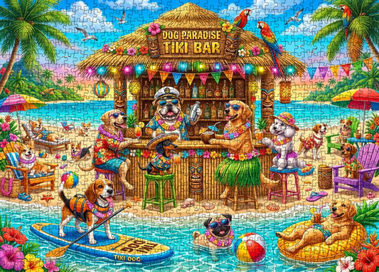 Dog Paradise Tiki Beach Party Jigsaw Puzzle