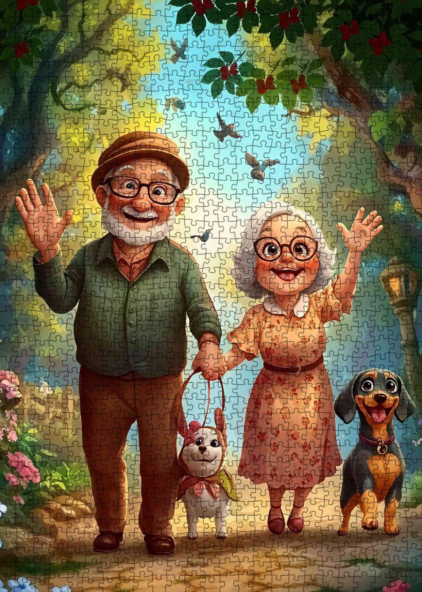 Elderly Couple Walking Dogs Jigsaw Puzzle