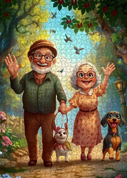 Elderly Couple Walking Dogs Jigsaw Puzzle