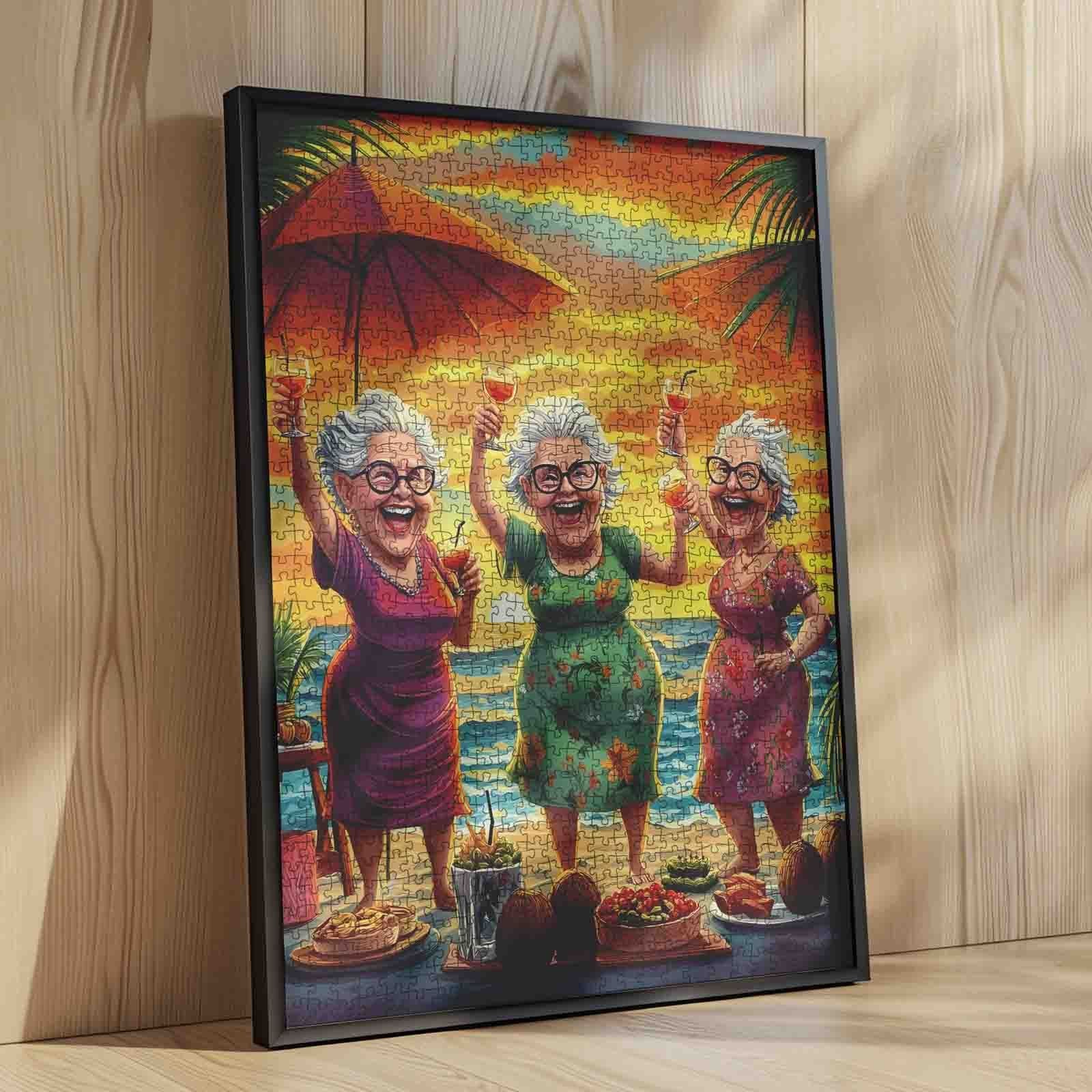 Elderly Friends Celebrating Sunset on Beach Jigsaw Puzzle