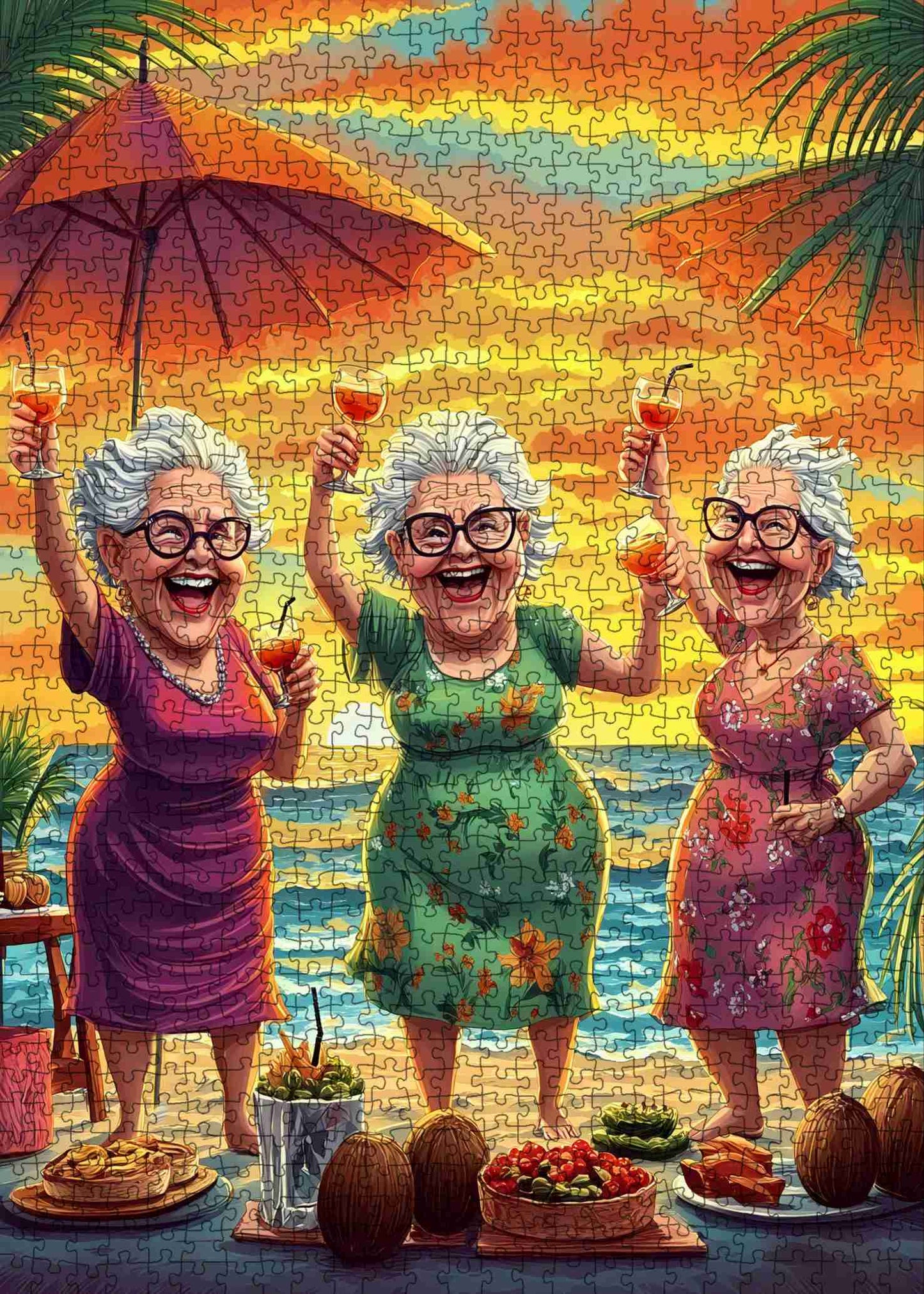 Elderly Friends Celebrating Sunset on Beach Jigsaw Puzzle
