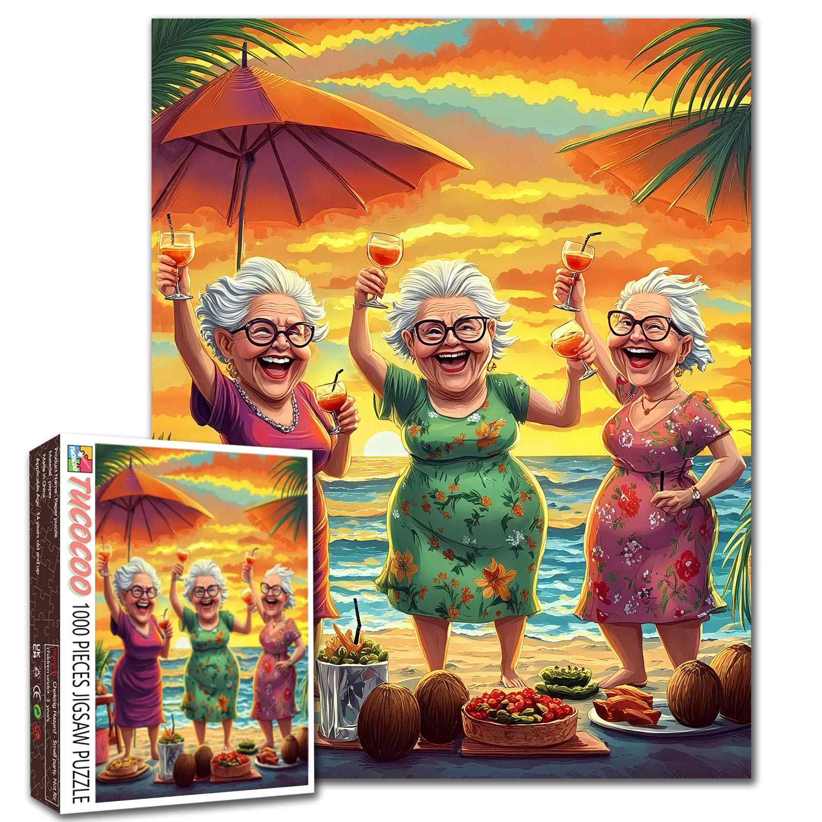 Elderly Friends Celebrating Sunset on Beach Jigsaw Puzzle