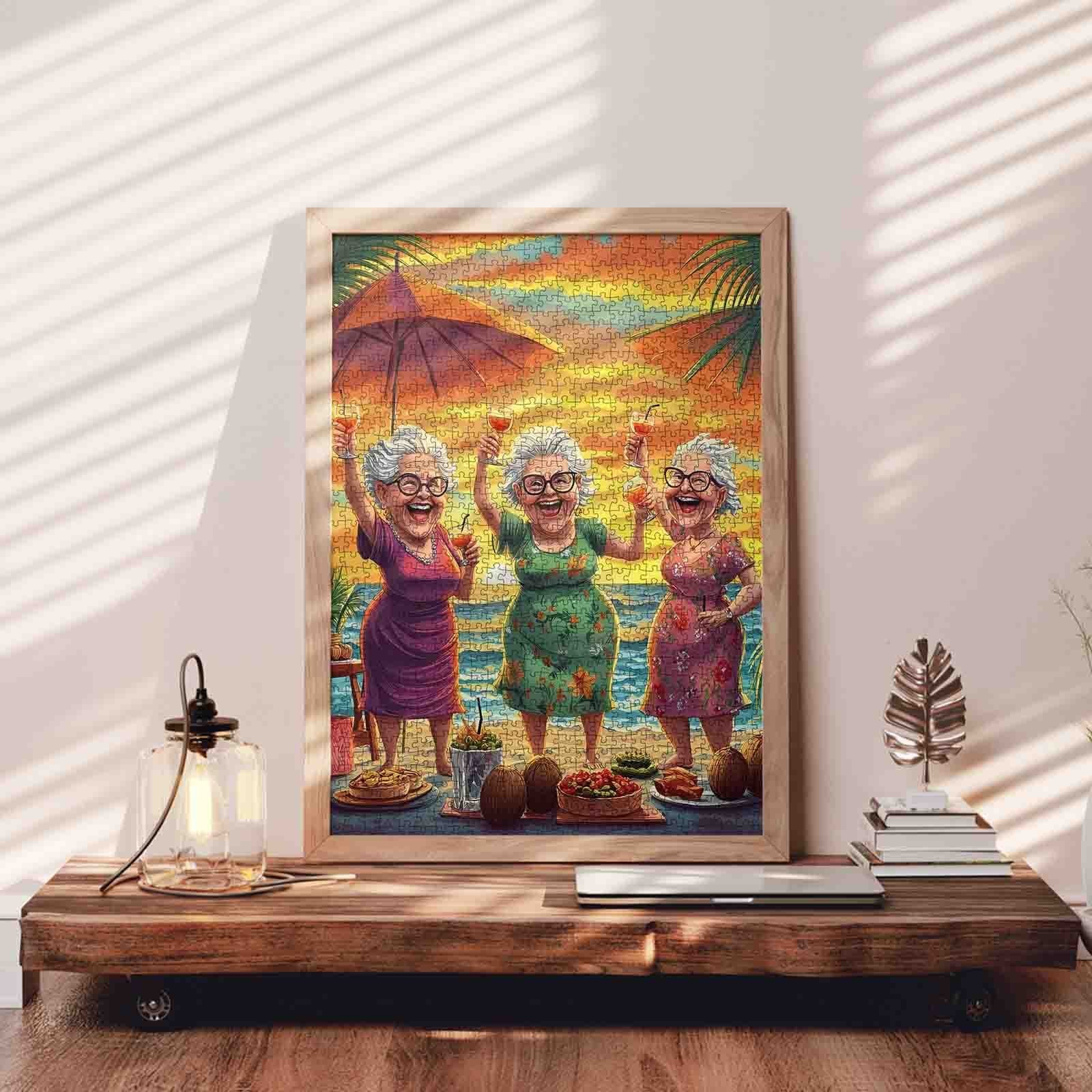 Elderly Friends Celebrating Sunset on Beach Jigsaw Puzzle