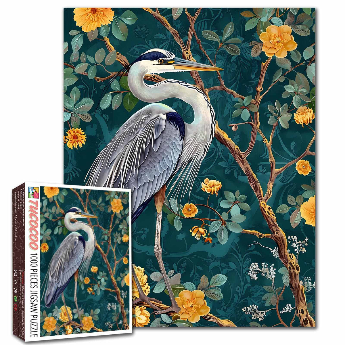 Elegant Heron Floral Art Jigsaw Puzzle