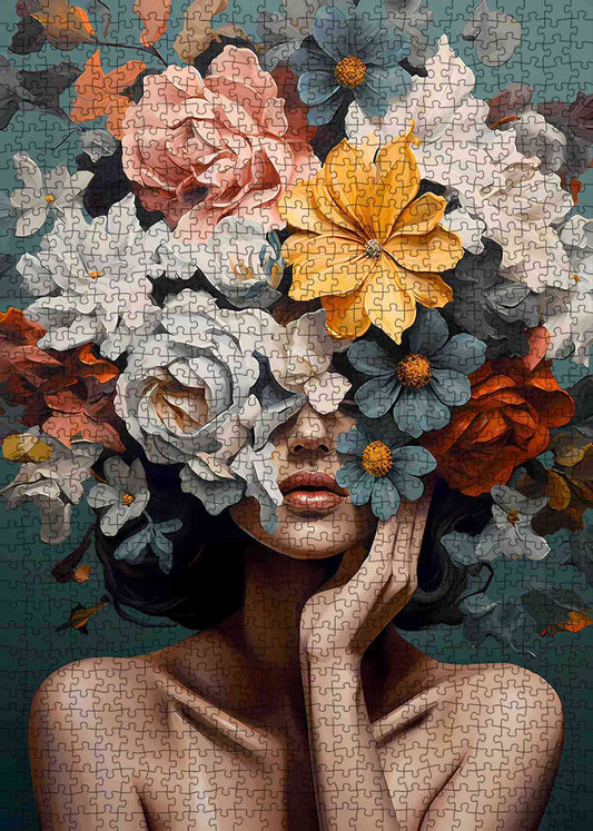 Elegant Woman with Vibrant Floral Crown Jigsaw Puzzle