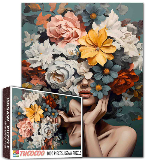 Elegant Woman with Vibrant Floral Crown Jigsaw Puzzle
