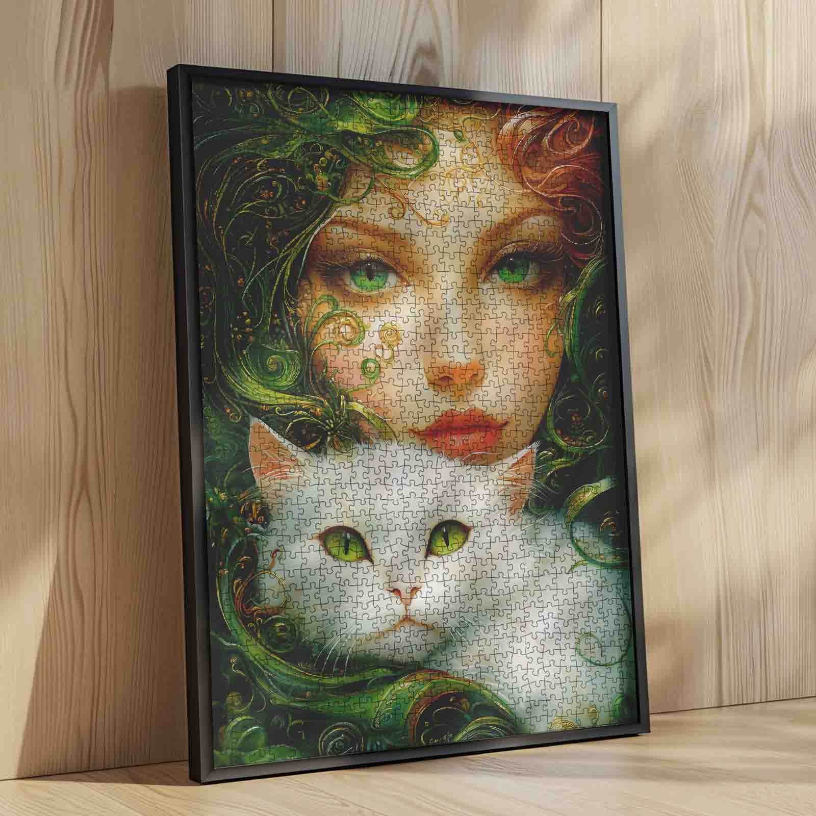 Emerald Muse with White Cat Jigsaw Puzzle