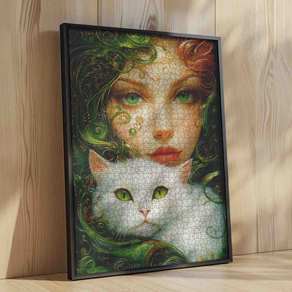 Emerald Muse with White Cat Jigsaw Puzzle