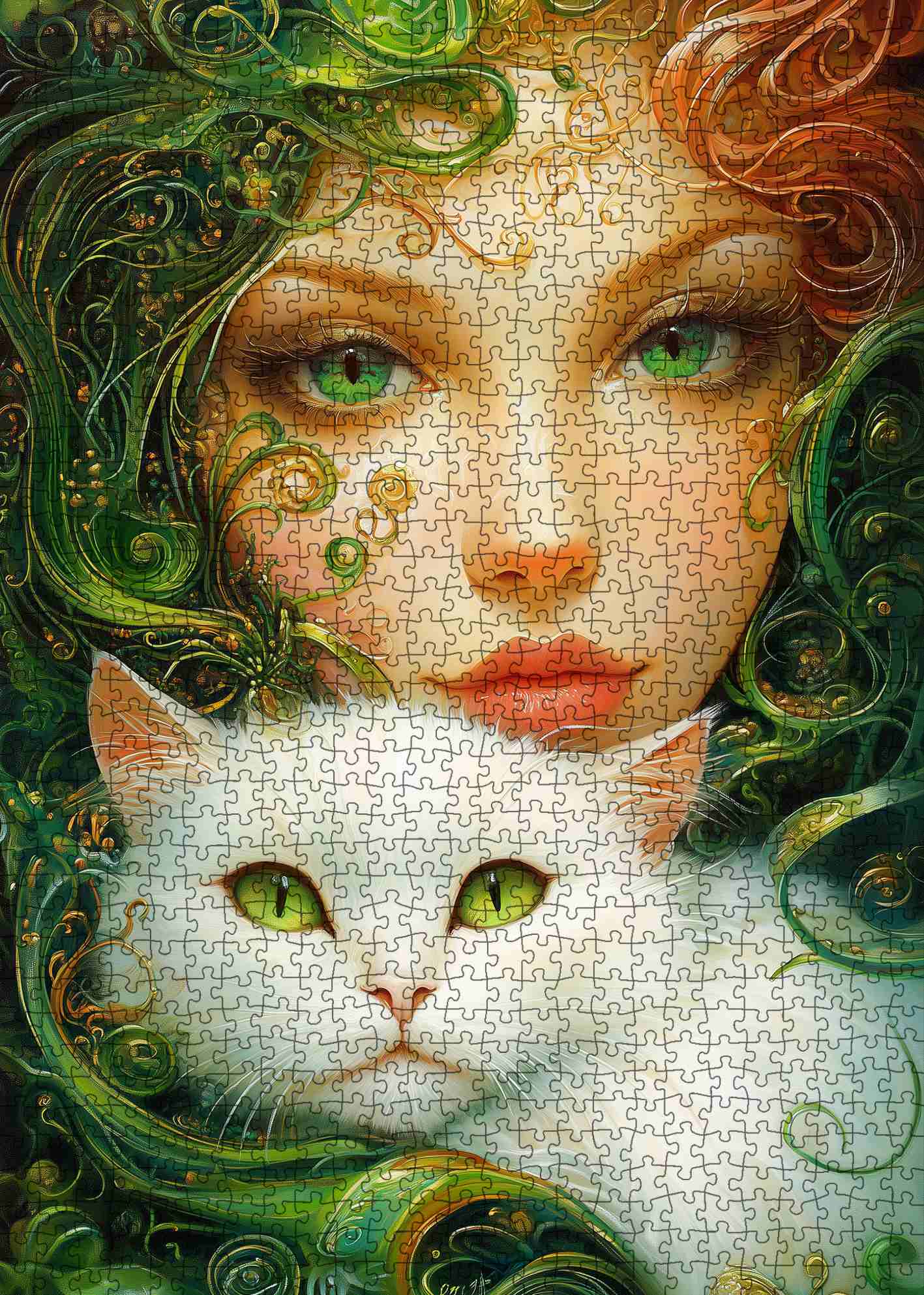 Emerald Muse with White Cat Jigsaw Puzzle