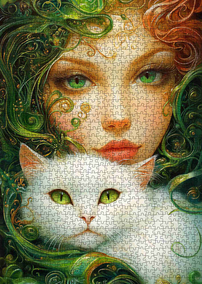 Emerald Muse with White Cat Jigsaw Puzzle