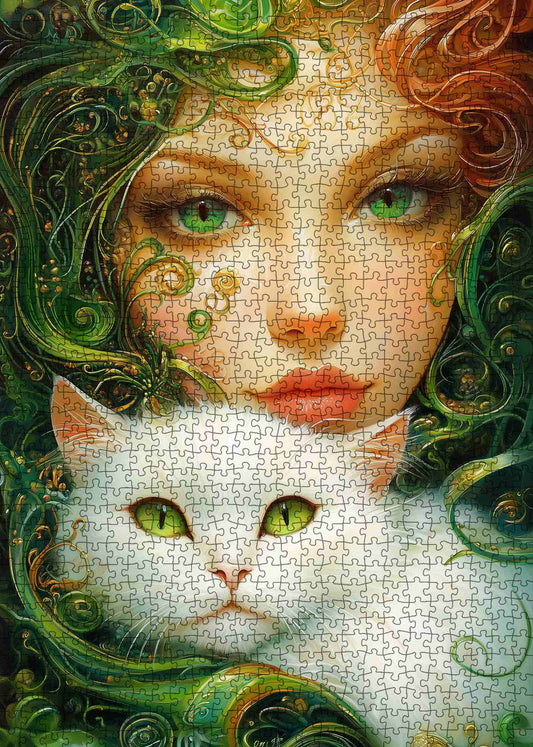 Emerald Muse with White Cat Jigsaw Puzzle