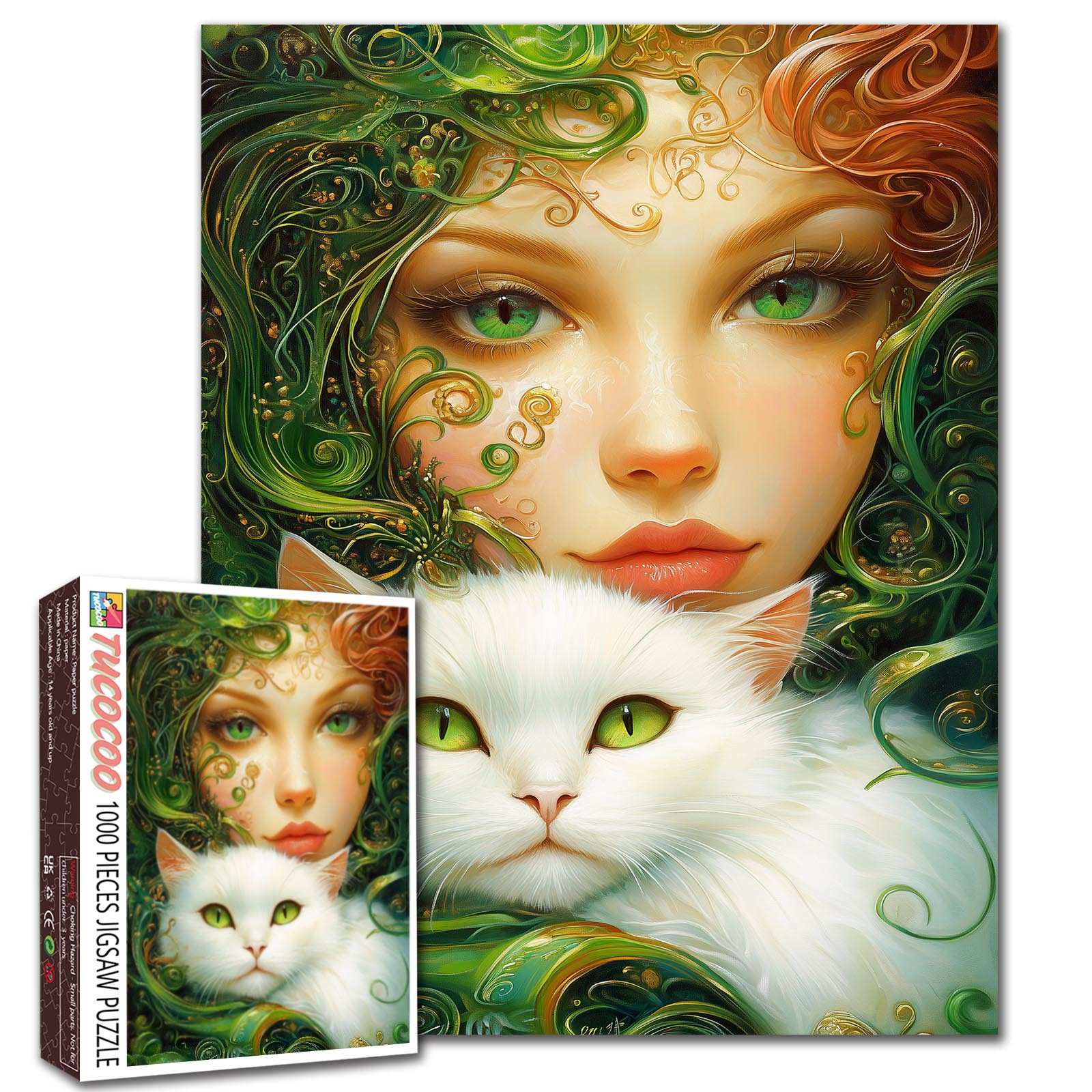 Emerald Muse with White Cat Jigsaw Puzzle