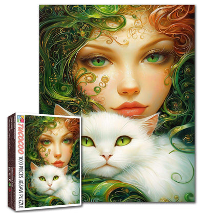 Emerald Muse with White Cat Jigsaw Puzzle