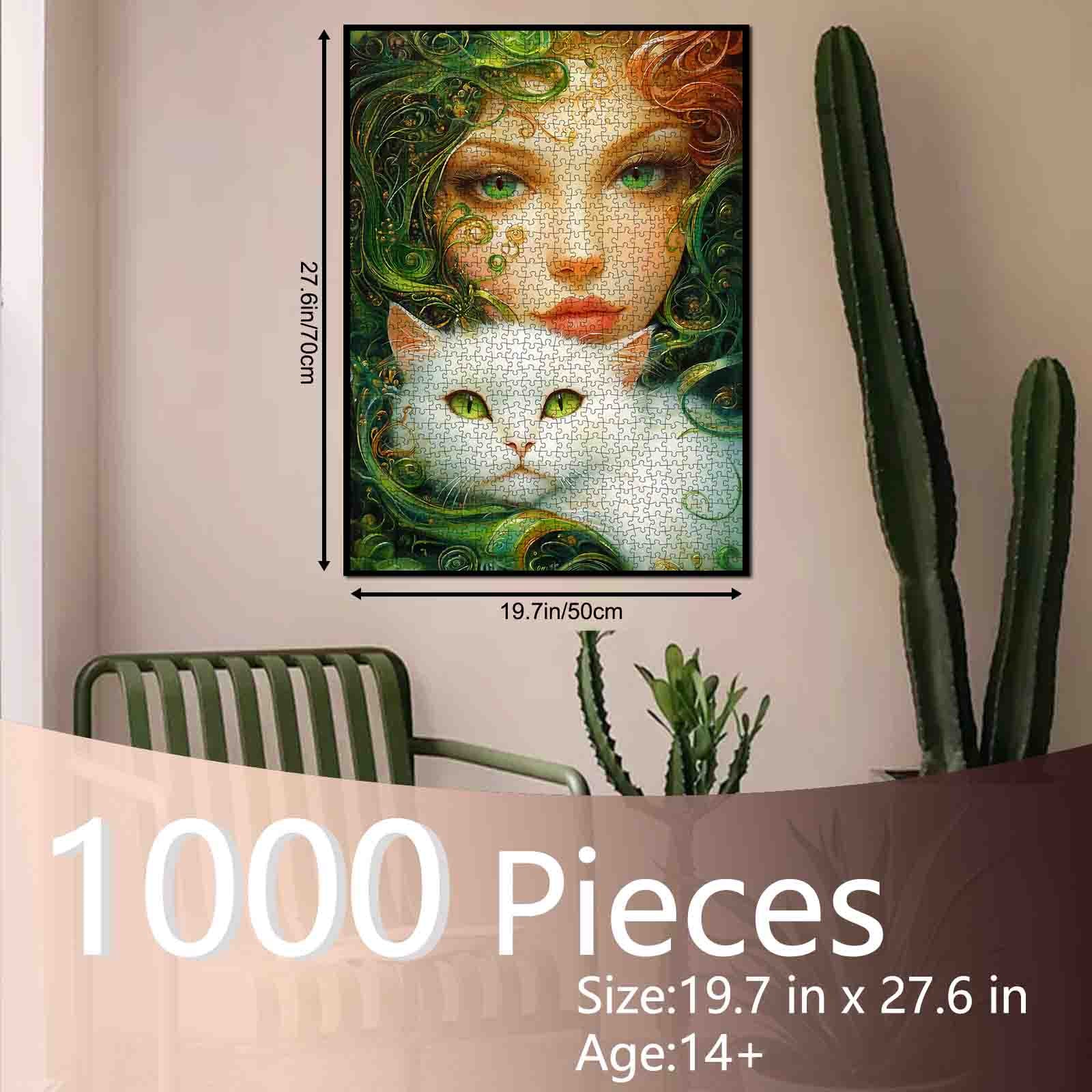 Emerald Muse with White Cat Jigsaw Puzzle