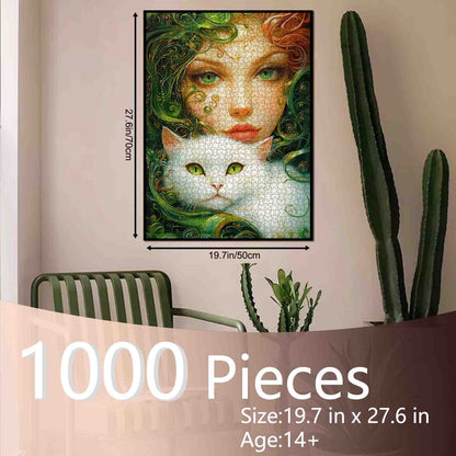 Emerald Muse with White Cat Jigsaw Puzzle