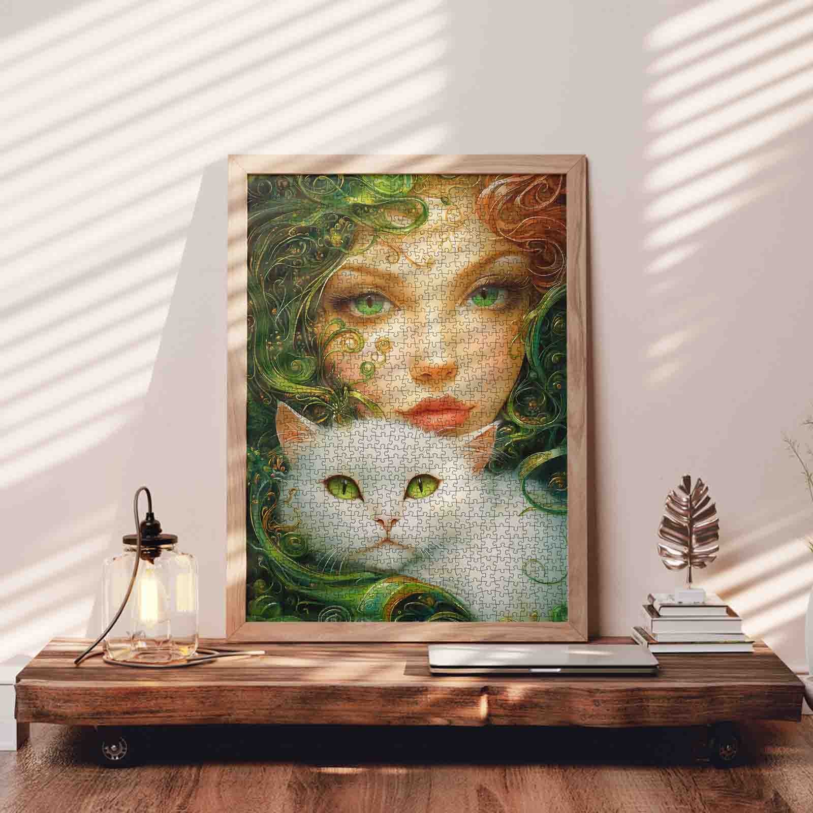 Emerald Muse with White Cat Jigsaw Puzzle
