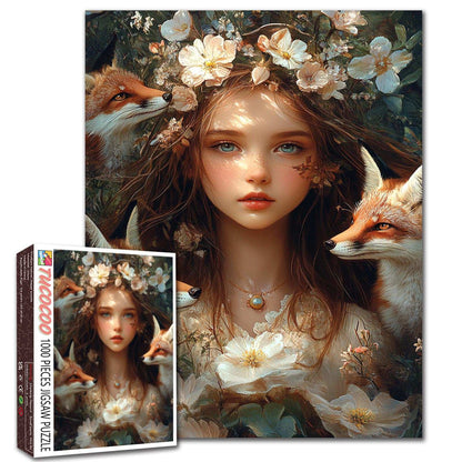 Enchanted Forest Girl Fox Companion Floral Portrait Jigsaw Puzzle