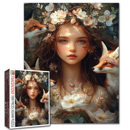 Enchanted Forest Girl Fox Companion Floral Portrait Jigsaw Puzzle