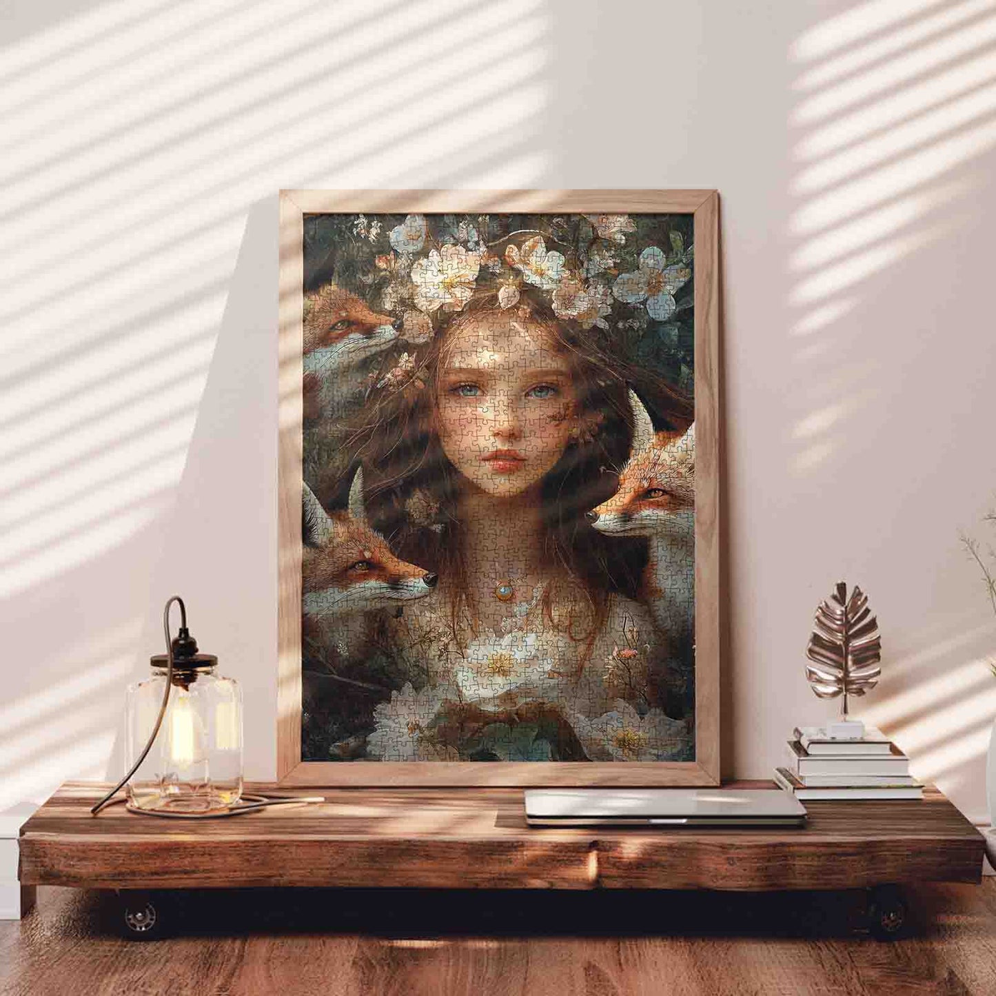 Enchanted Forest Girl Fox Companion Floral Portrait Jigsaw Puzzle
