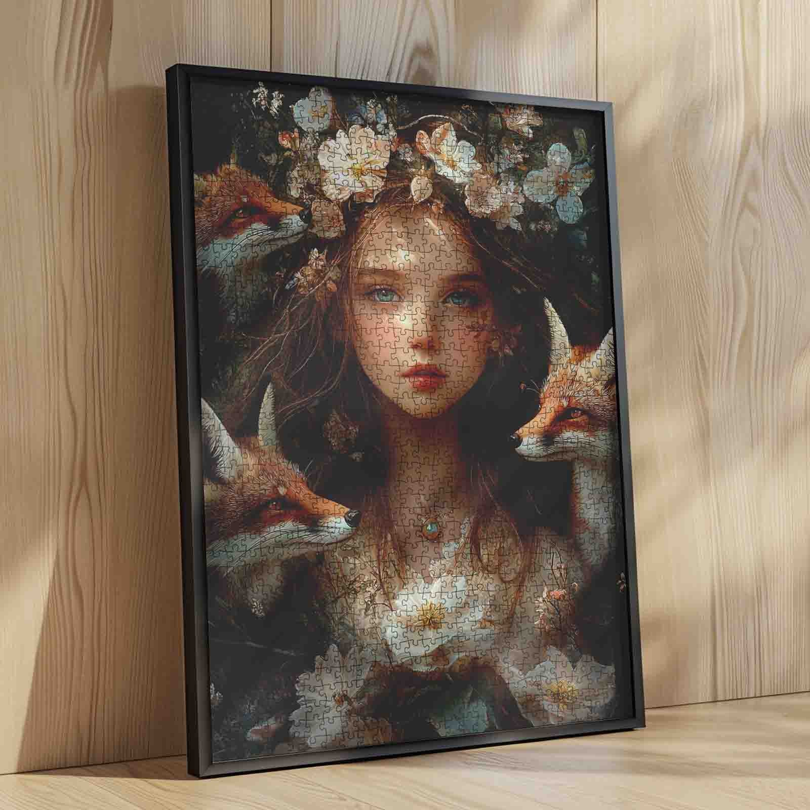 Enchanted Forest Girl Fox Companion Floral Portrait Jigsaw Puzzle