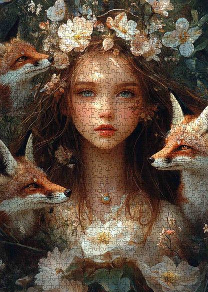 Enchanted Forest Girl Fox Companion Floral Portrait Jigsaw Puzzle