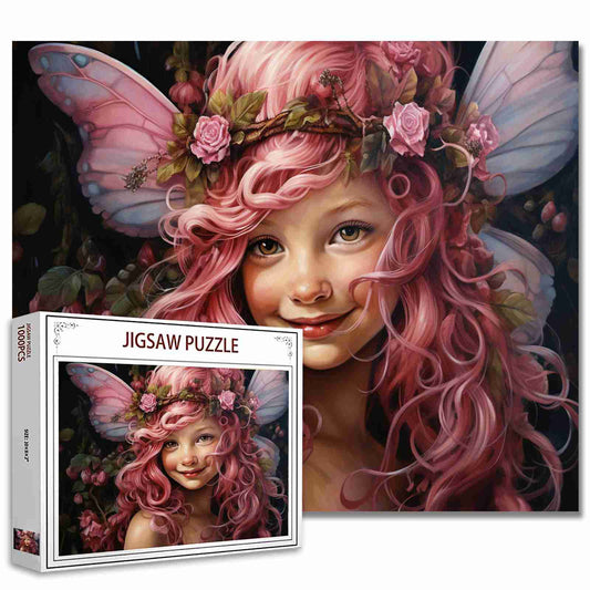 Smiling Fairy with Pink Hair and Rose Crown Jigsaw Puzzle