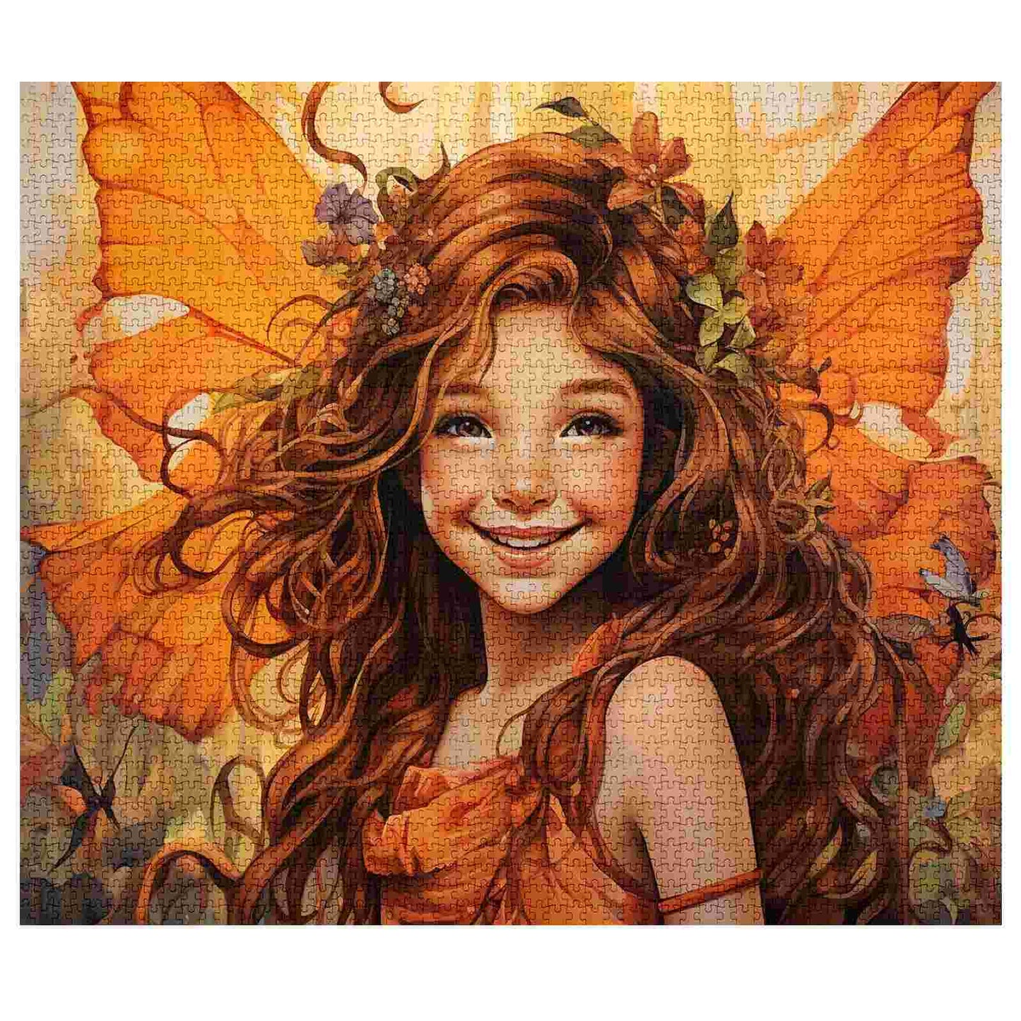 Joyful Fairy with Orange Wings and Floral Crown Jigsaw Puzzle