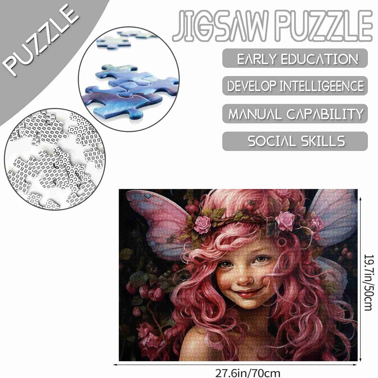 Puzzle Fée souriante aux cheveux roses et à la couronne de roses