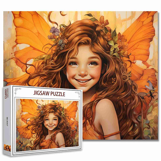 Joyful Fairy with Orange Wings and Floral Crown Jigsaw Puzzle